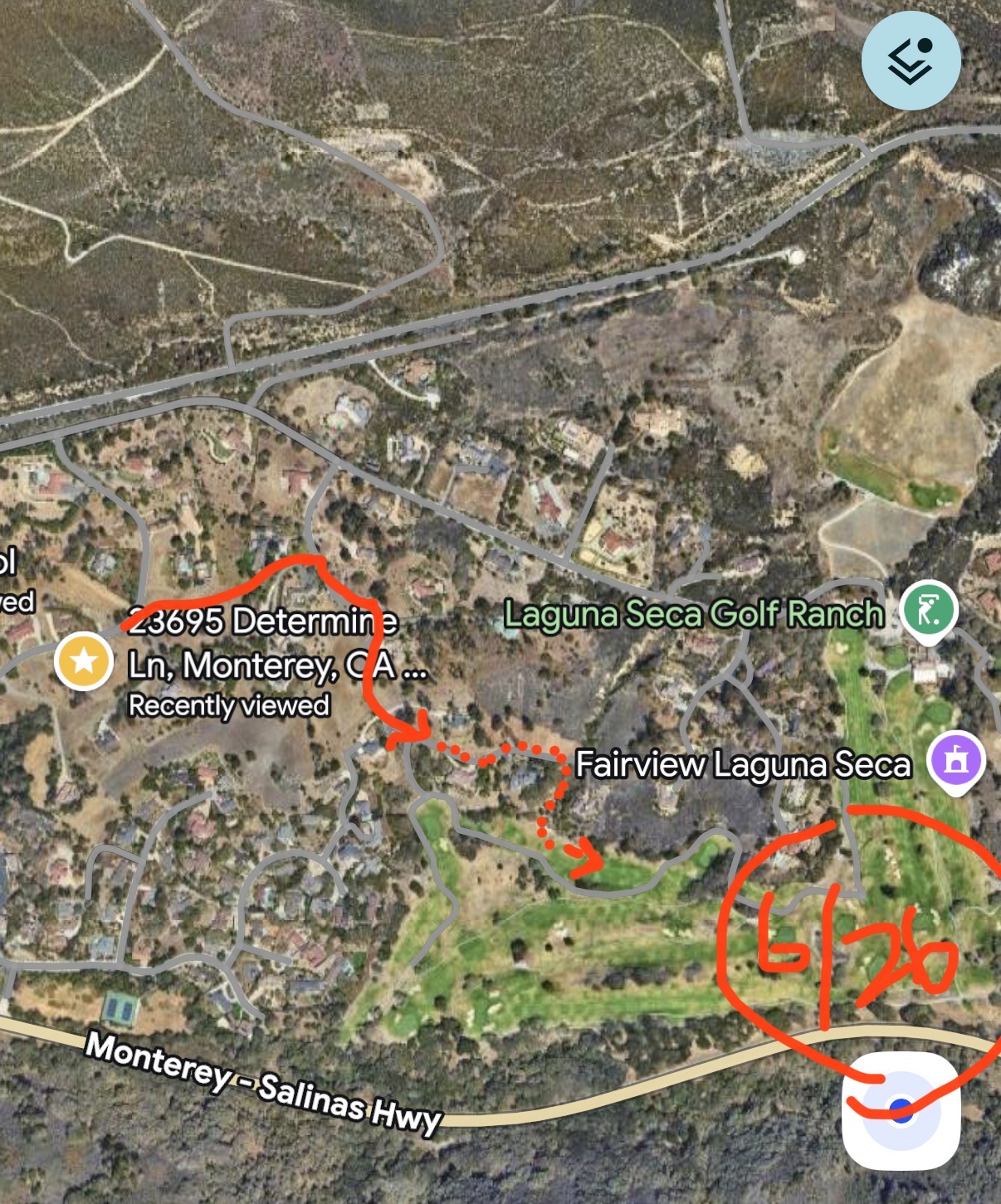 Annotated map showing where Luca ran from Determine Ln toward Laguna Seca Golf Course, with a 6/26 sighting marked near Fairview Laguna Seca